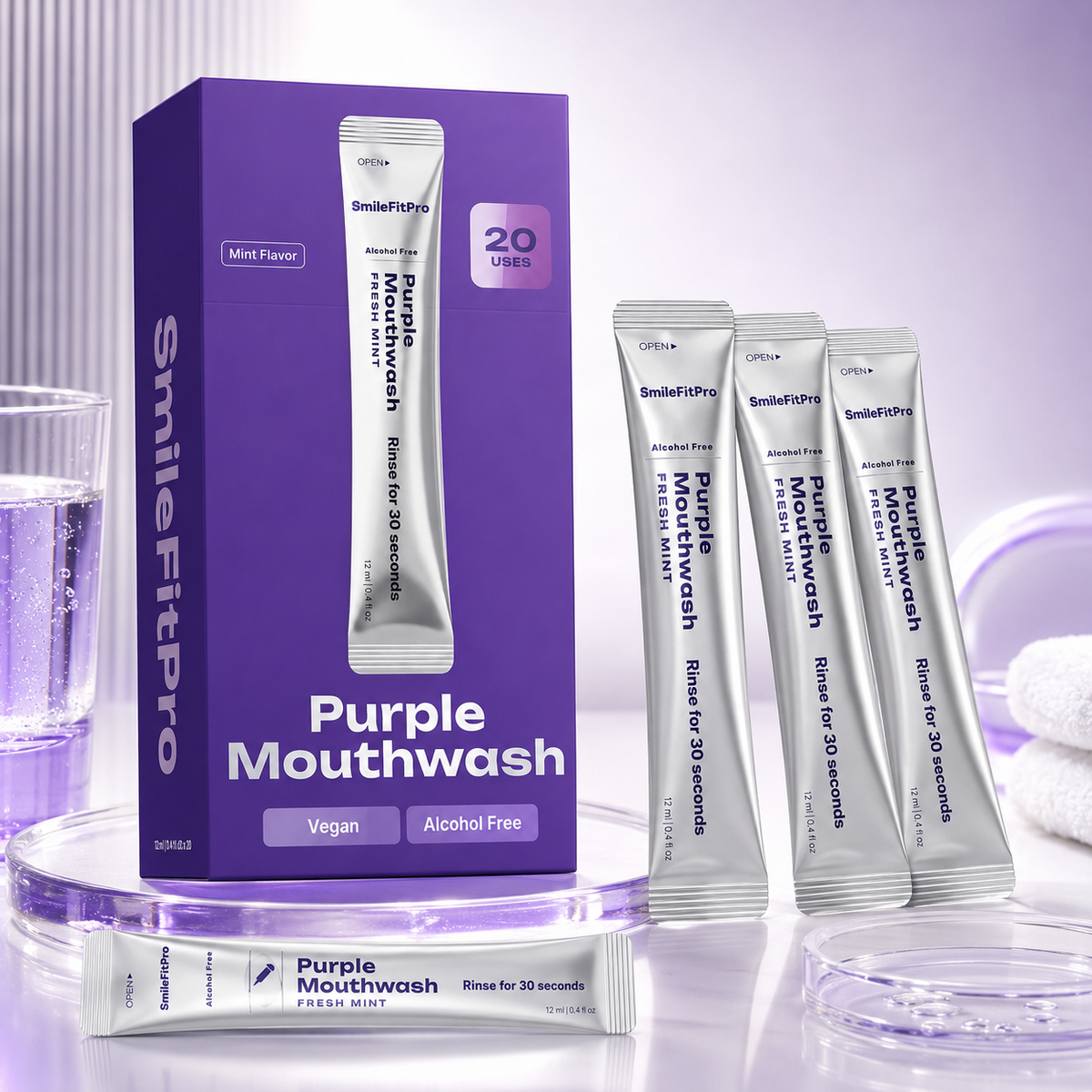 Purple Mouthwash - Sachets 20 Pack - Peroxide-Free - Alcohol Free - Vegan Mint